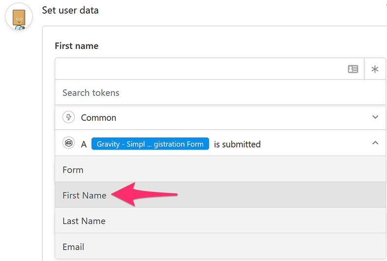 Automator recipe setting user data action from a Gravity Forms form