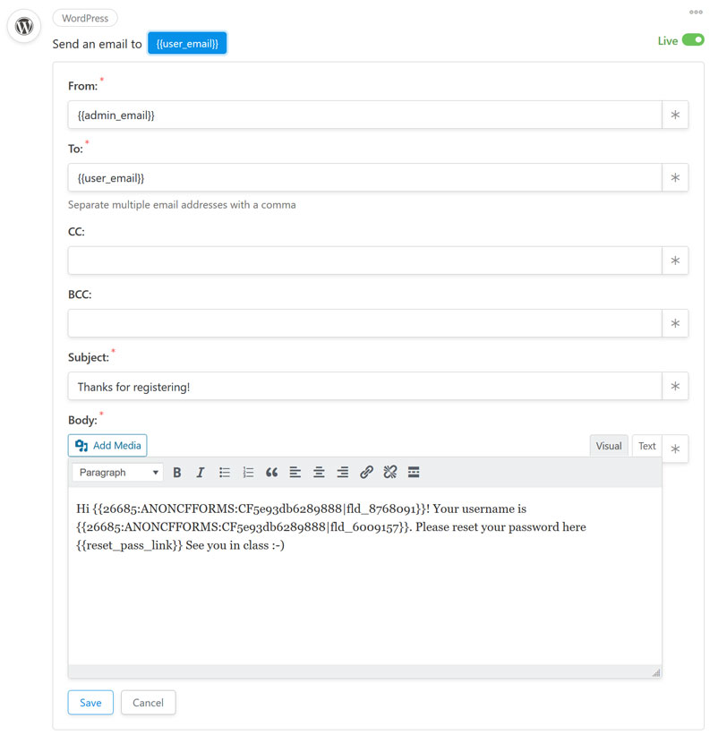 Using WordPress to send an automatic email in Uncanny Automator Pro