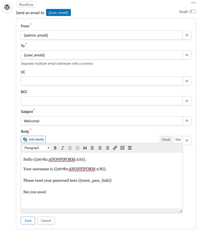 Automator recipe action WordPress email completed