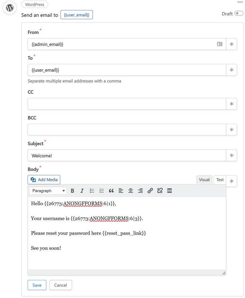 Automator recipe action WordPress email completed