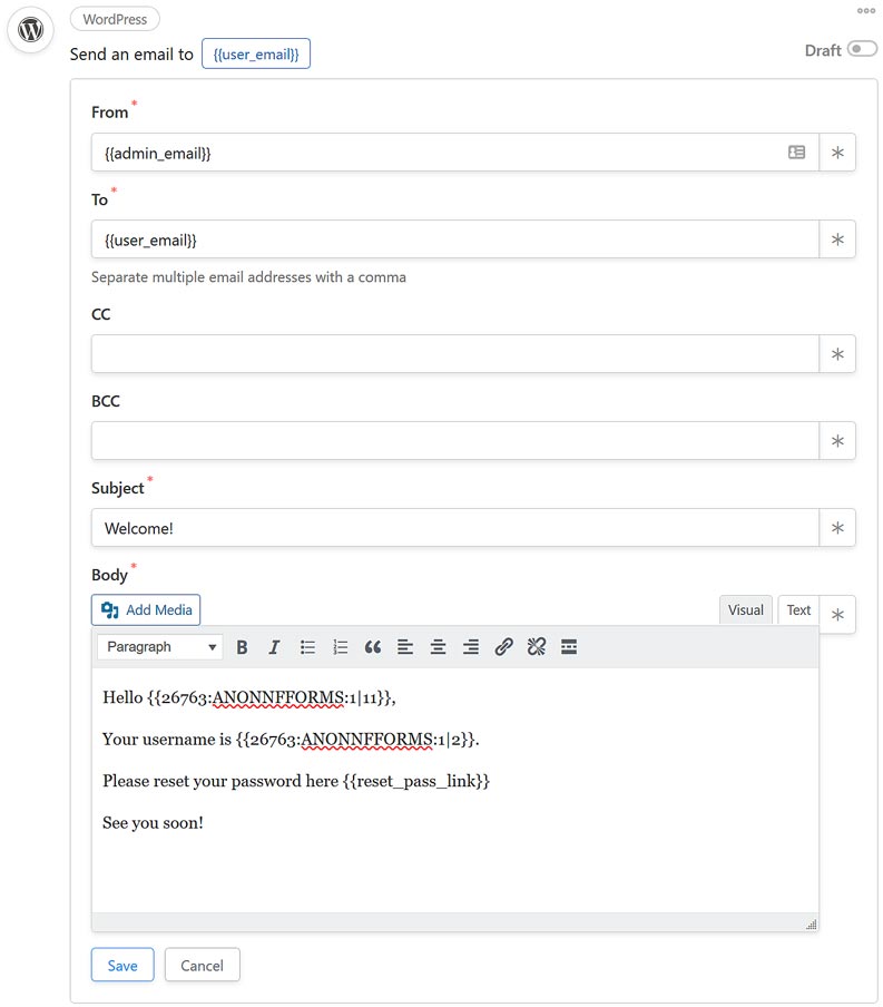 Completed WordPress and Ninja Forms email action