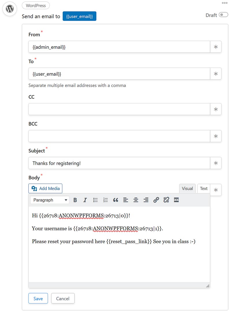 Automator WordPress action email completed