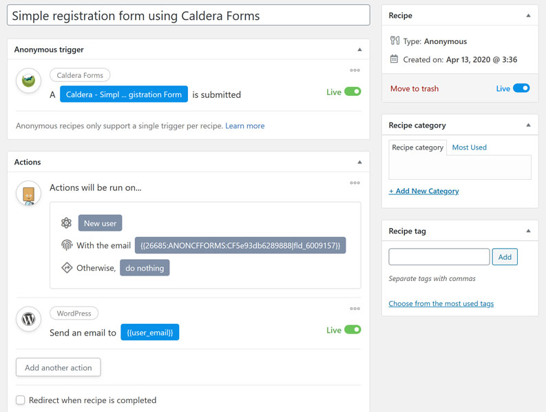 A complete Automator recipe for a Caldera Forms registration form