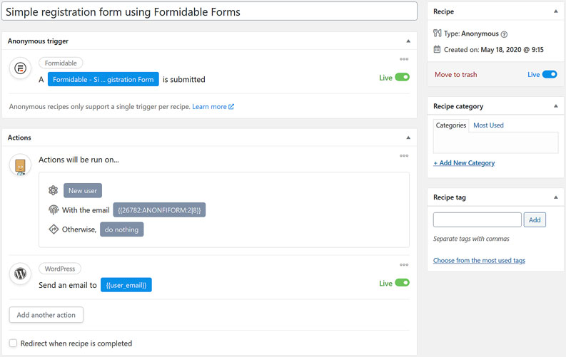 Completed Uncanny Automator anonymous recipe for a Formidable Forms registration form