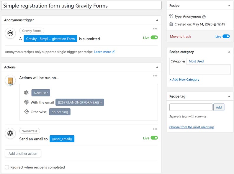 Automator anonymous recipe completed for Gravity Forms registration form