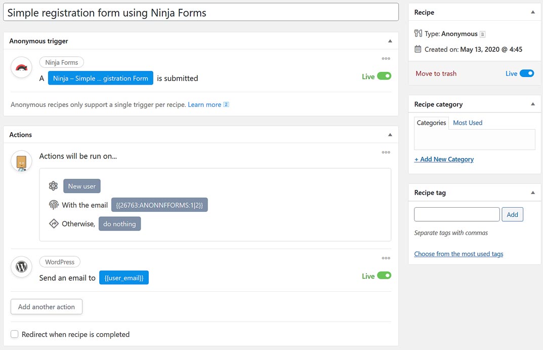 A complete Automator recipe for a Ninja Forms registration form