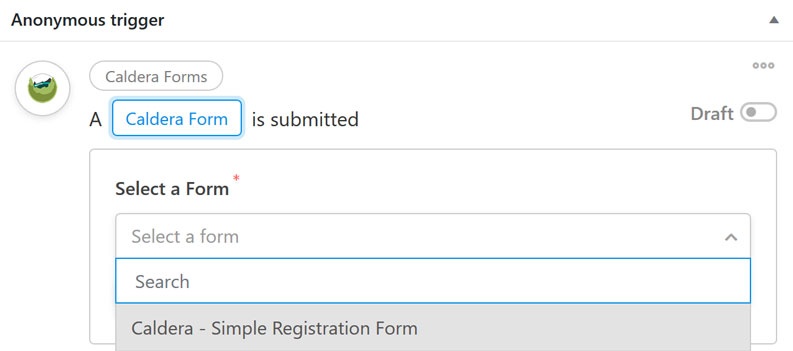 Caledra form section for the Automator recipe trigger