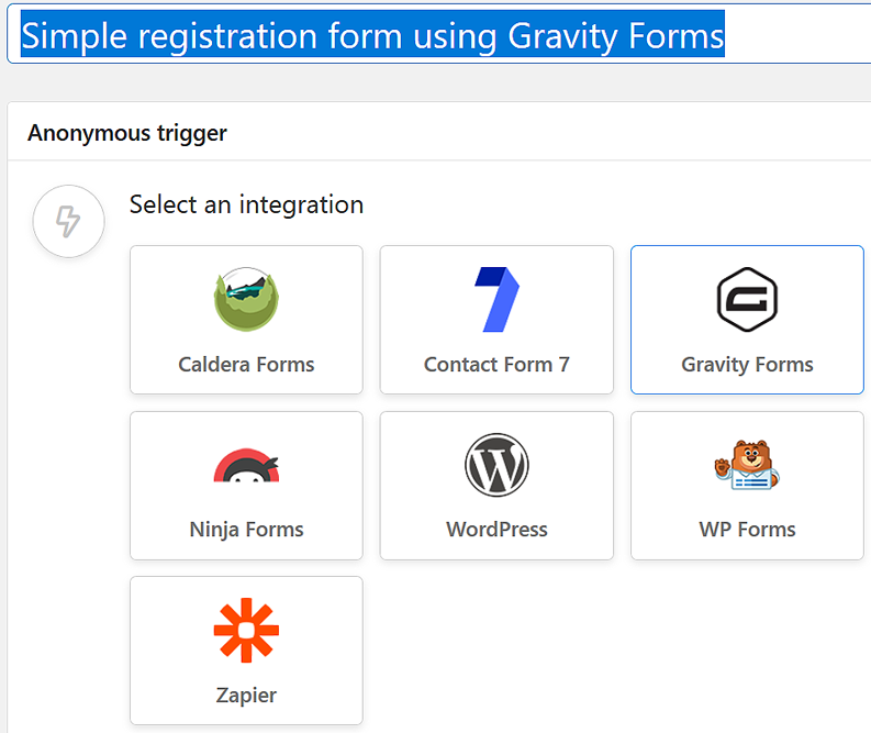 Selecting Gravity Forms for the Automator integration