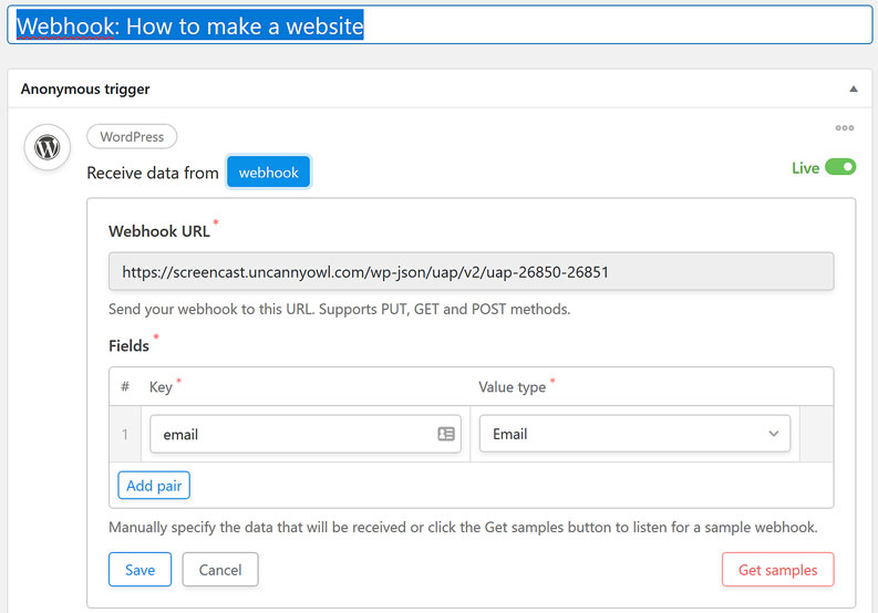 Completed WordPress webhook screen capture for Automator site-to-site connections