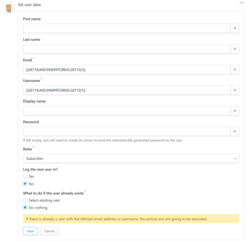 Automator set user data from a WPForms form