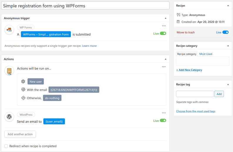 Completed Uncanny Automator everyone recipe for a WPForms registration form
