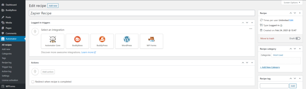The Uncanny Automator integration options.