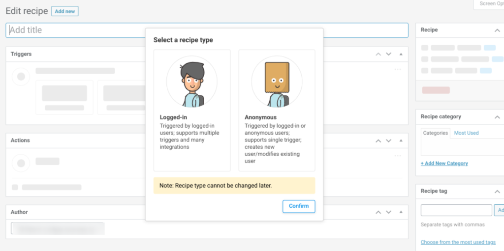 Selecting a recipe type from the Uncanny Automator plugin, ready to connect BuddyBoss to Zapier.