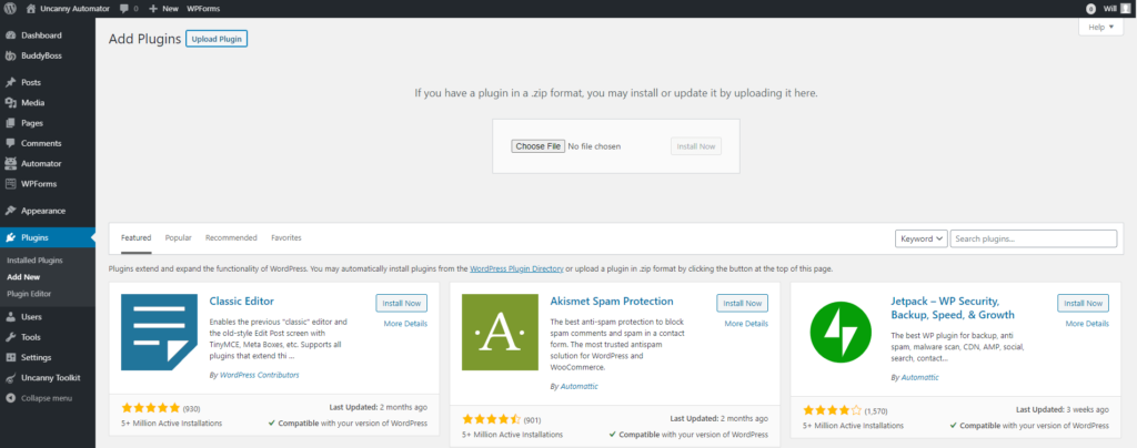 The screen to upload a WordPress plugin.