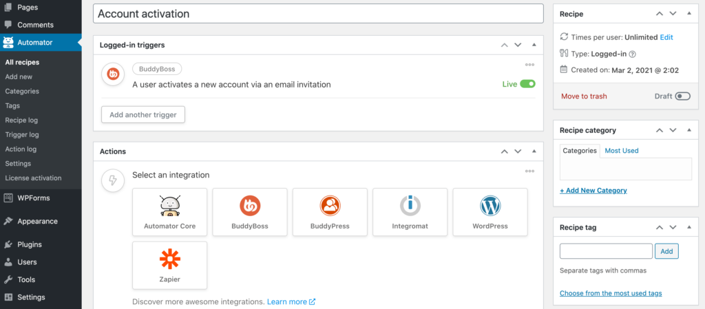 The Uncanny Automator integration dashboard. 