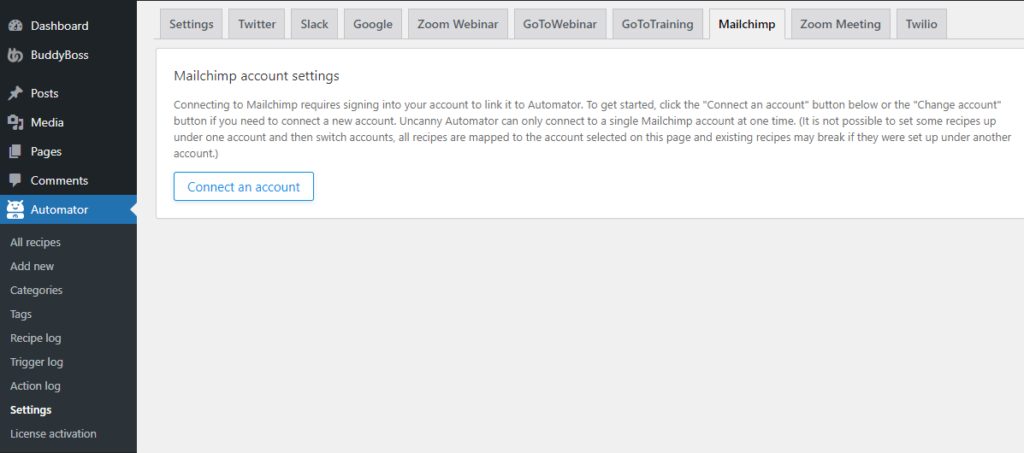 The connect an account button