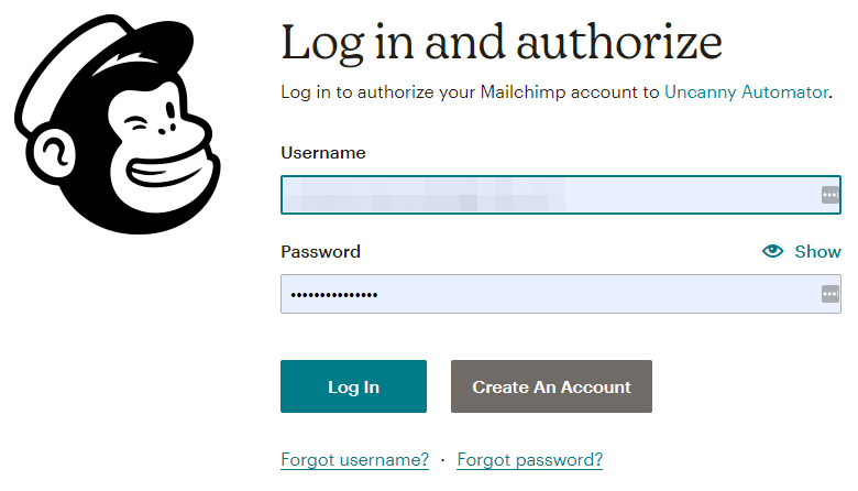 Mailchimp login screen