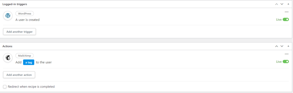 Setting recipe toggles to live