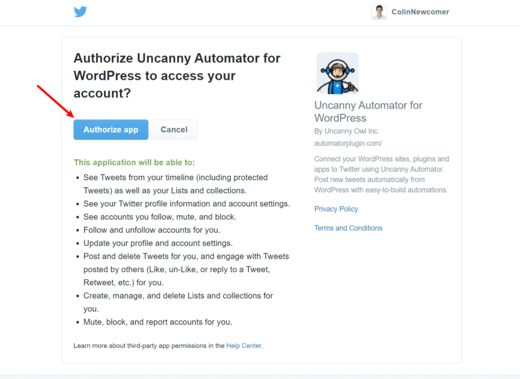 Authorize Twitter account