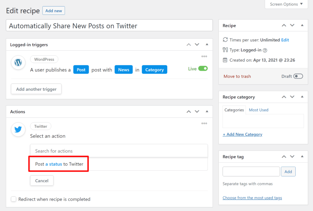 Choose post to twitter action