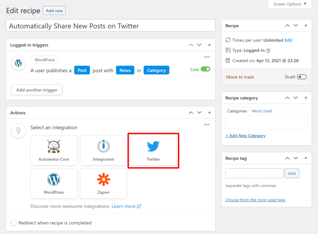Choose tweet action
