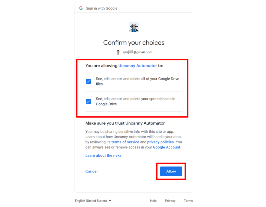 Allow access to Google Account
