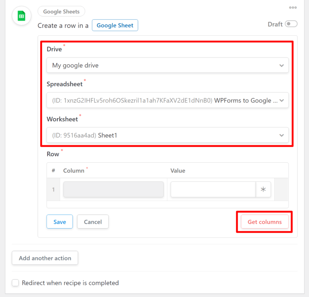 Get columns from Google Sheets