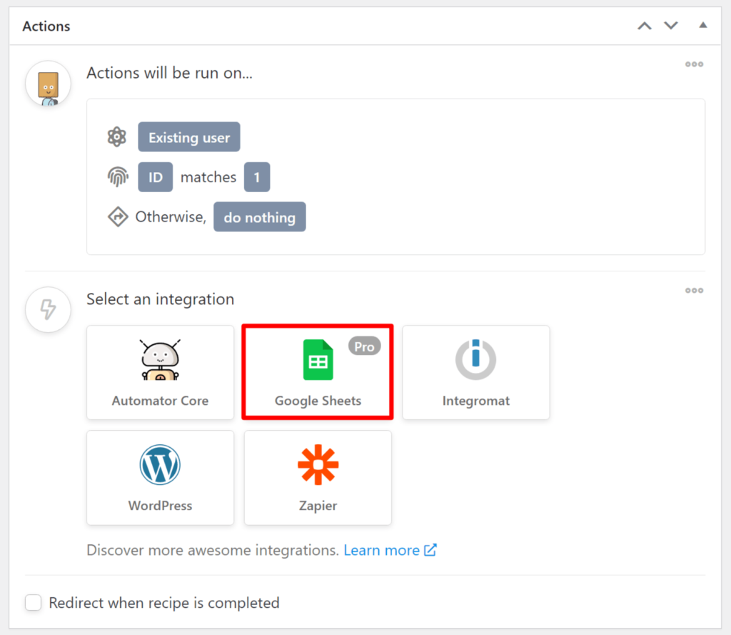 Add Google Sheets action