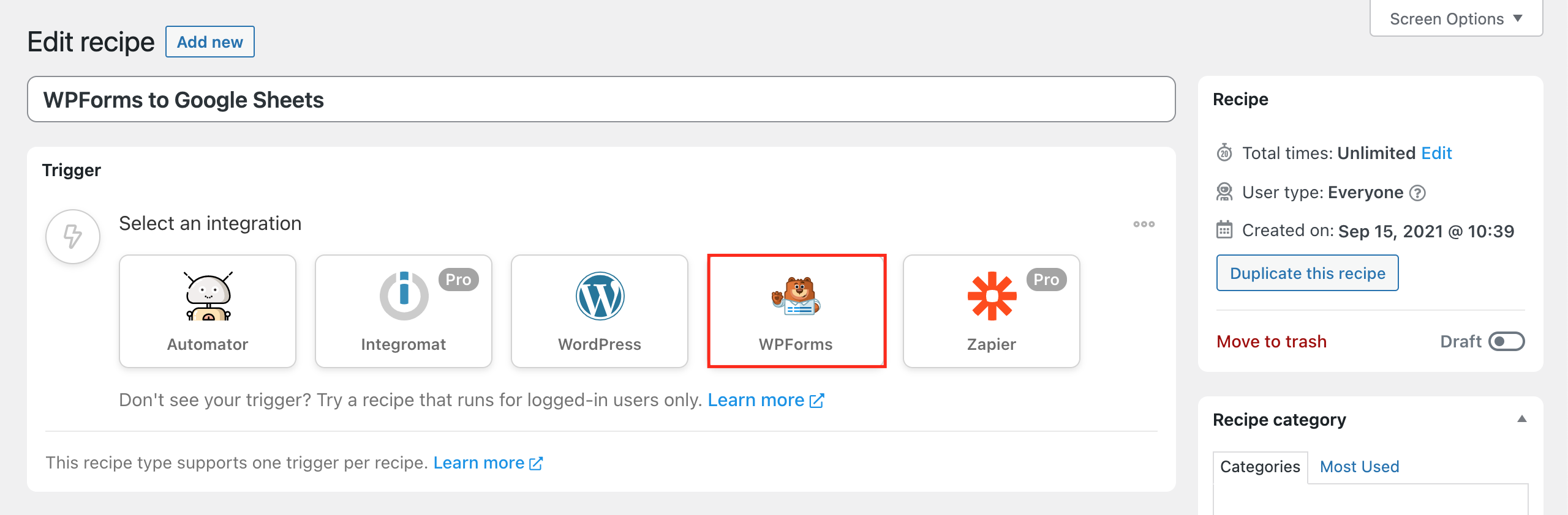 Add WPForms trigger