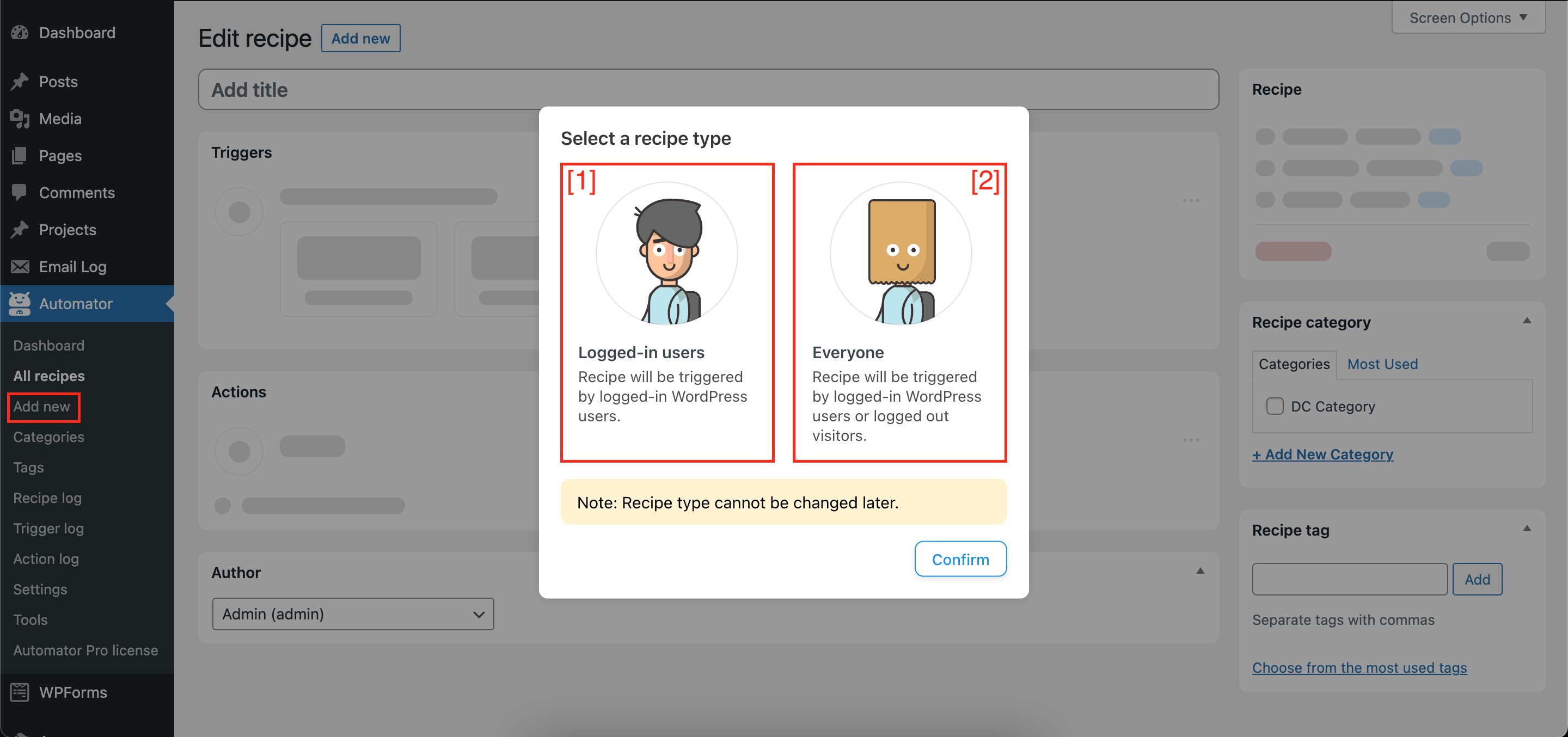 Choose recipe type