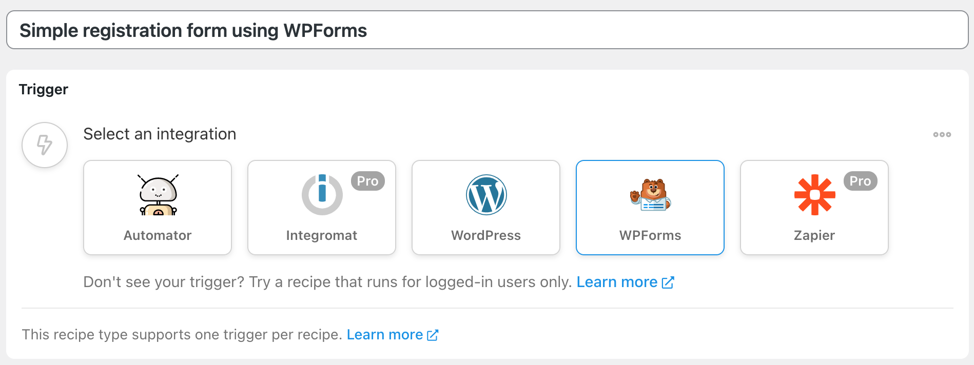 Selecting WPForms for the Automator recipe trigger