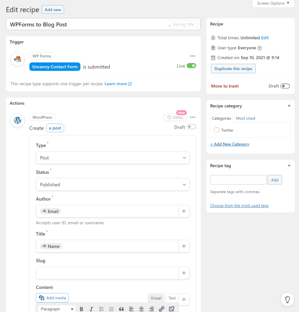 Using WPForms to create a blog post