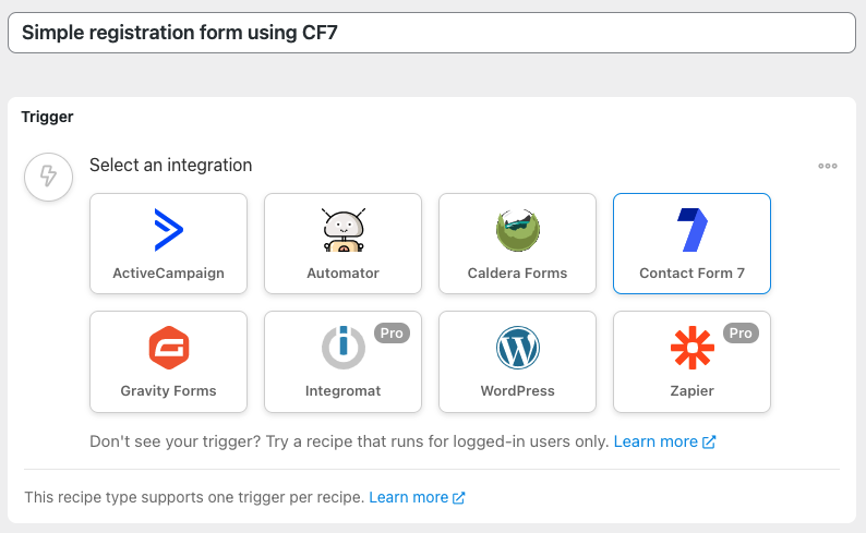 Automator CF7 trigger selection