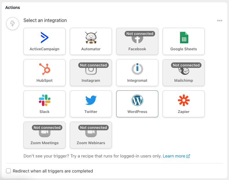 Automator WordPress action selected