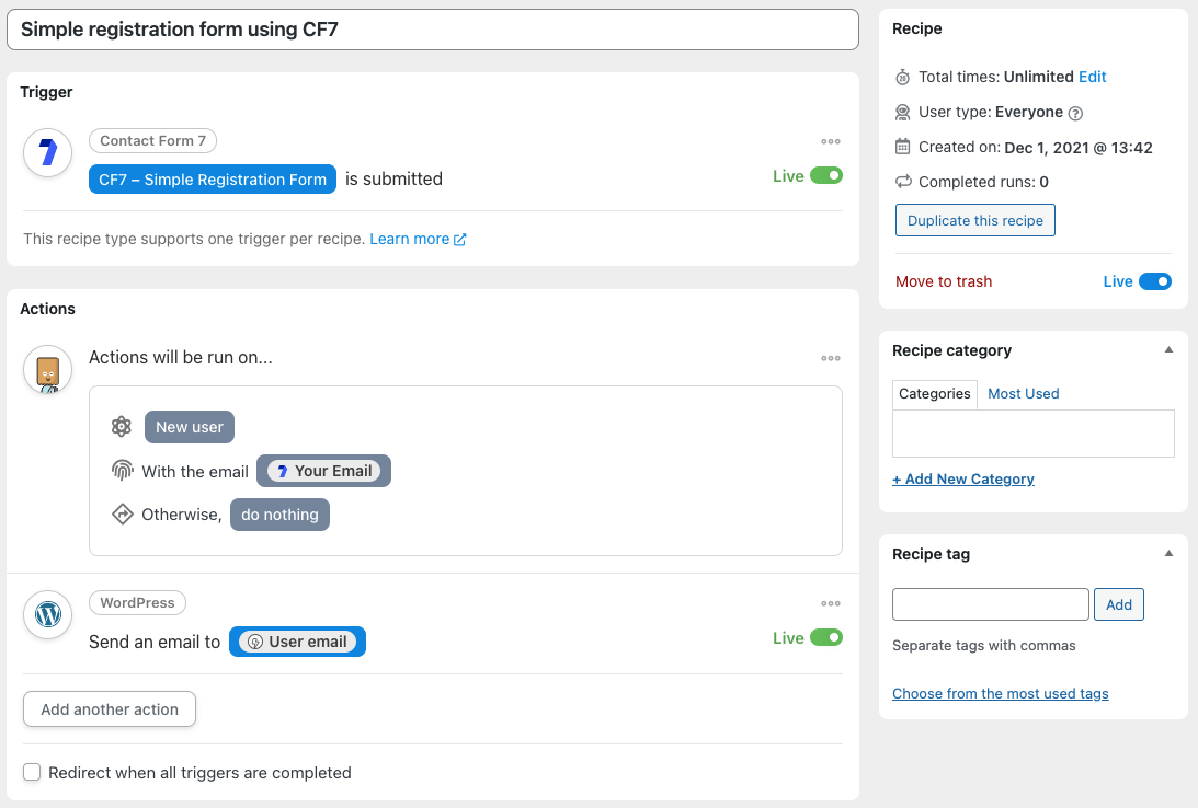 Uncanny Automator completed anonymous recipe for using CF7 as a registration form