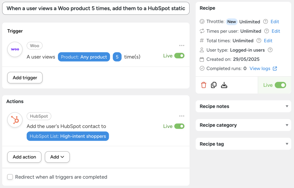 Uncanny Automator recipe that adds a user to a HubSpot static list labeled “High-intent shoppers” after they view any WooCommerce product five times.