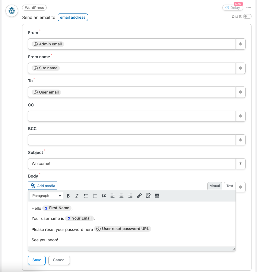 Automator WordPress email action completed