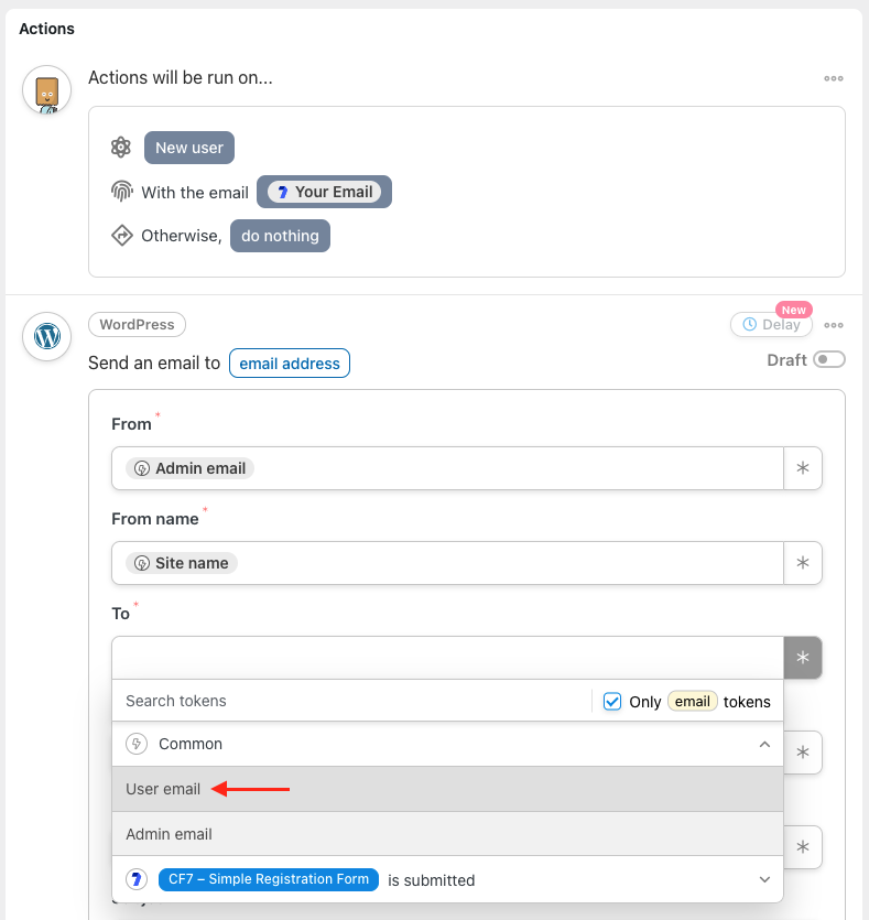 Automator WordPress action User email token