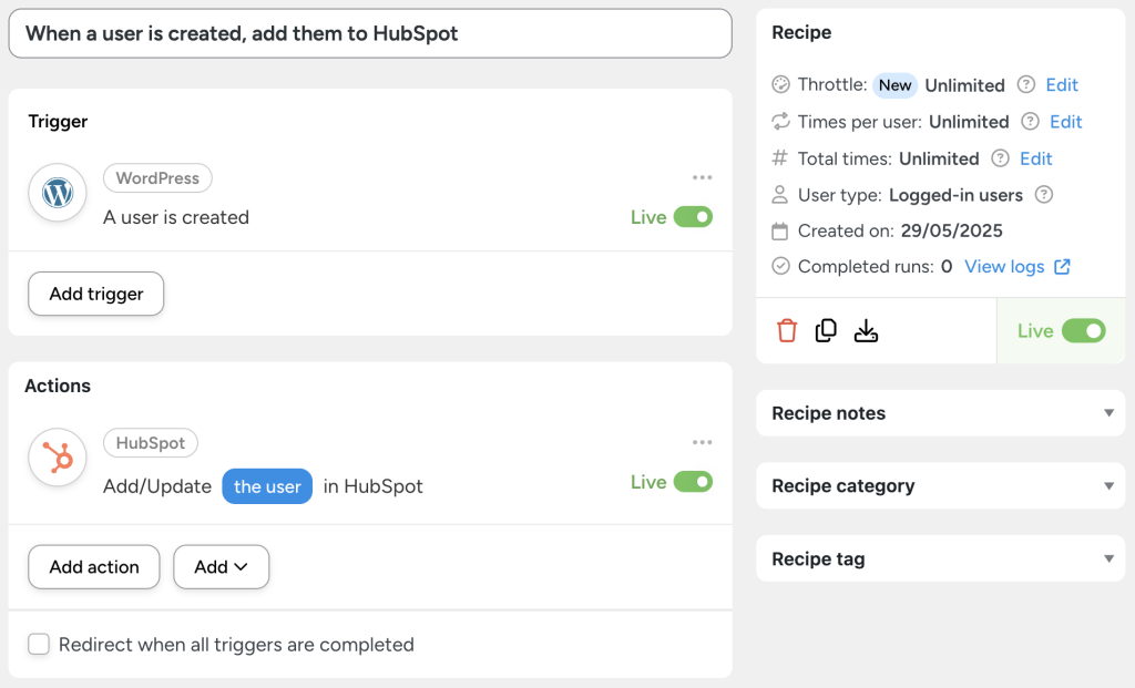 Automator recipe demonstrating how to connect HubSpot to WordPress. The recipe triggers when a new WordPress user is created and automatically adds or updates the user in HubSpot.