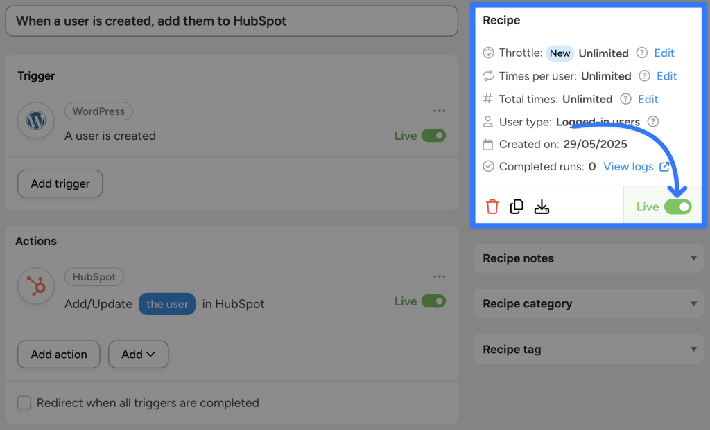 Automator recipe demonstrating how to connect HubSpot to WordPress. The recipe triggers when a new WordPress user is created and automatically adds or updates the user in HubSpot. The recipe is “Live”.