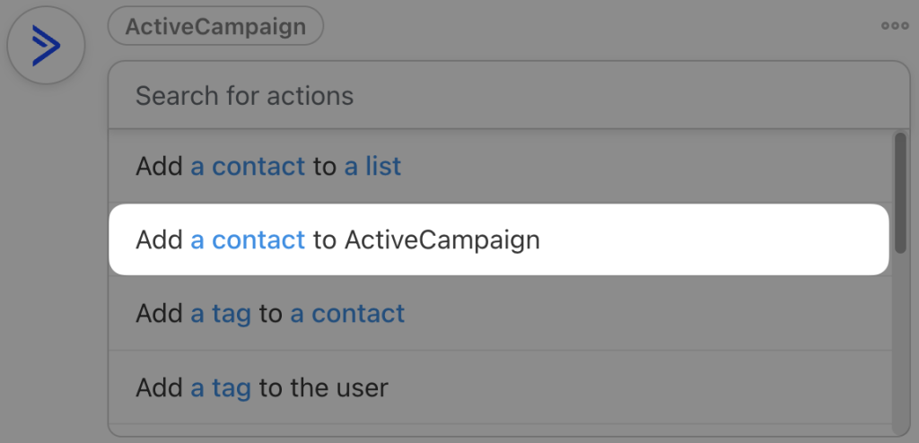 Uncanny Automator action selection showing "Add a contact to ActiveCampaign" under ActiveCampaign actions.