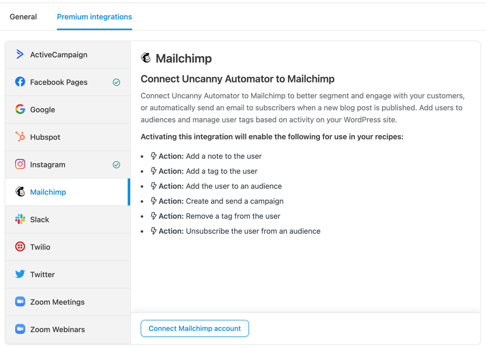 Mailchimp Settings for Uncanny Automator