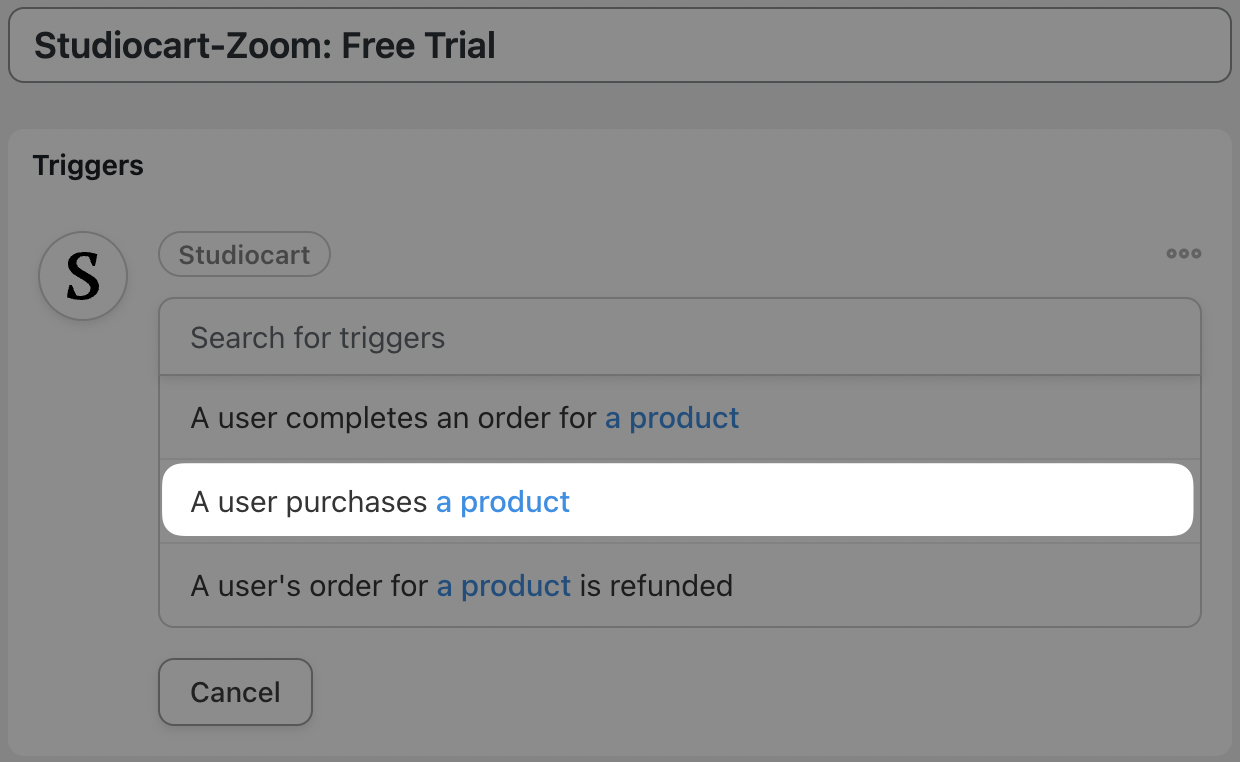 Automator Studiocart Trigger Selector