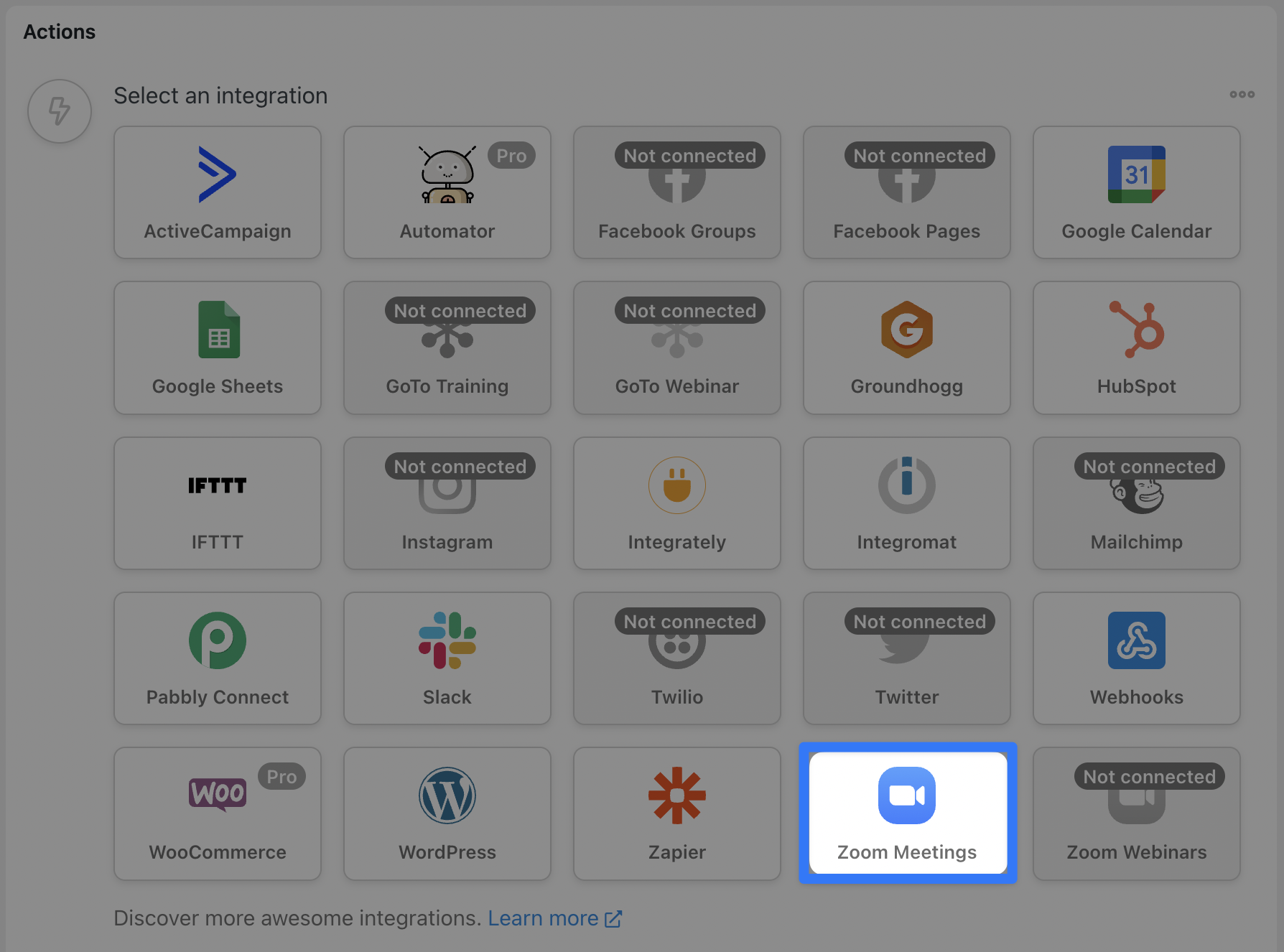 Automator Action Selector Zoom Meetings