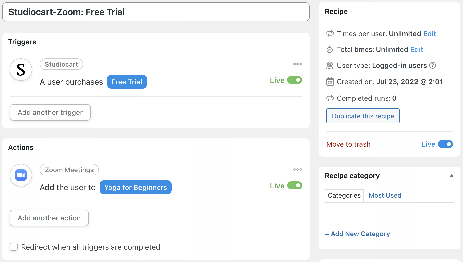 Automator Studiocart Zoom Meetings Recipe