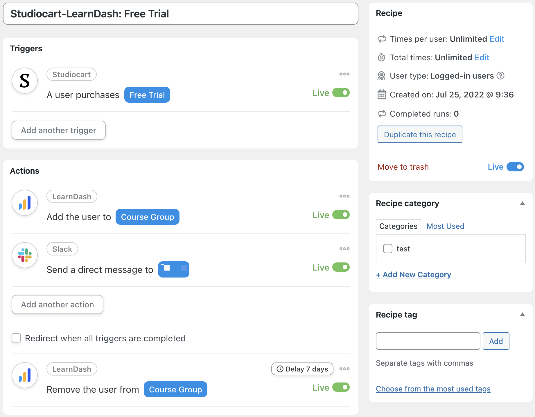 Automator Studiocart LearnDash Recipe
