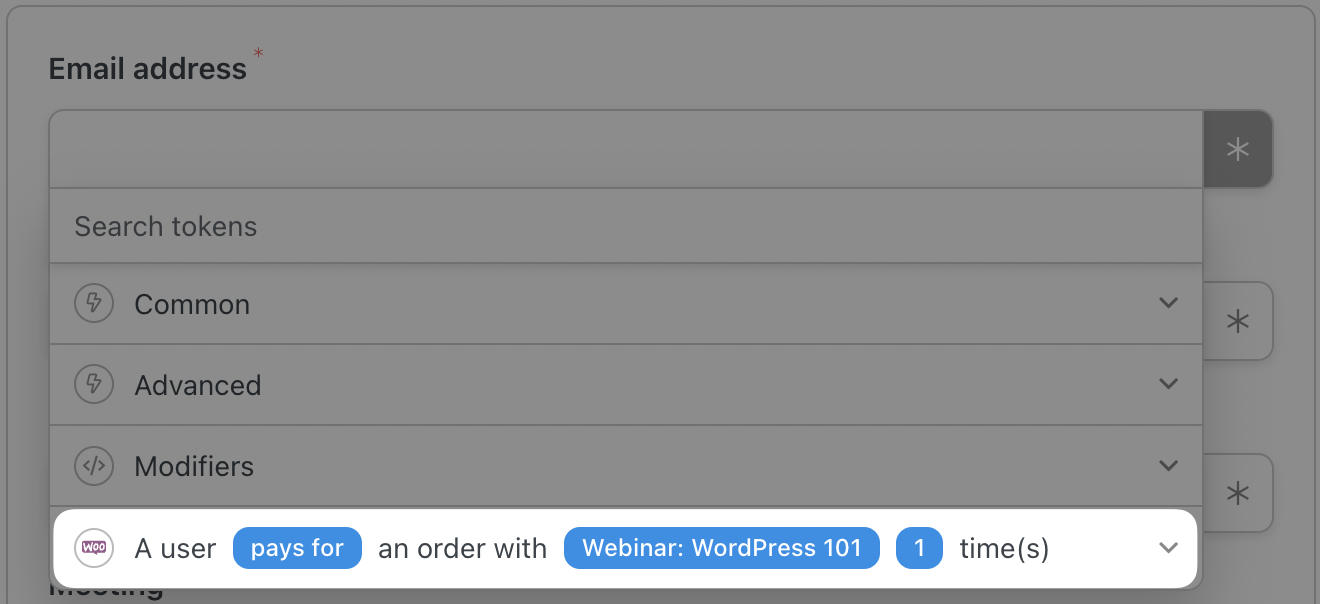 Automator Action Token Selector