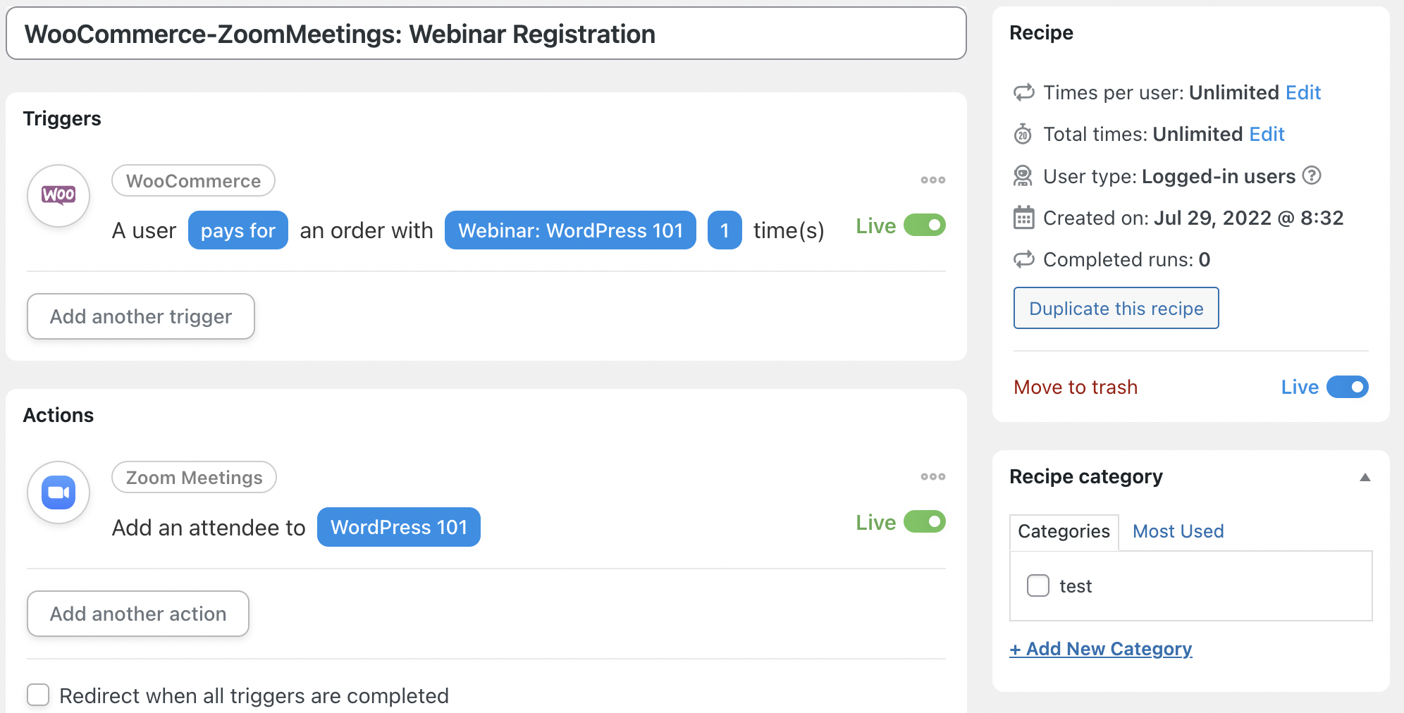Automator WooCommerce Zoom Recipe Live
