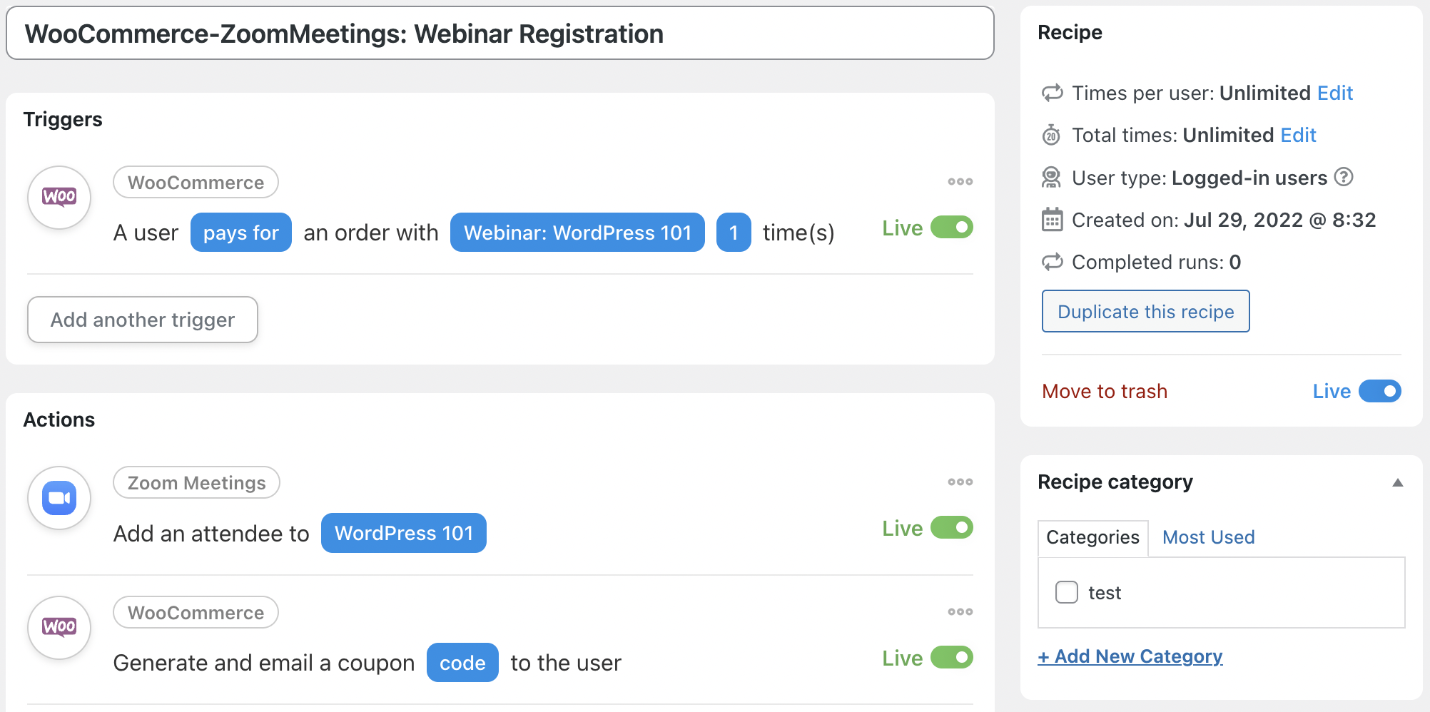 Automator WooCommerce Coupon Zoom Recipe Live
