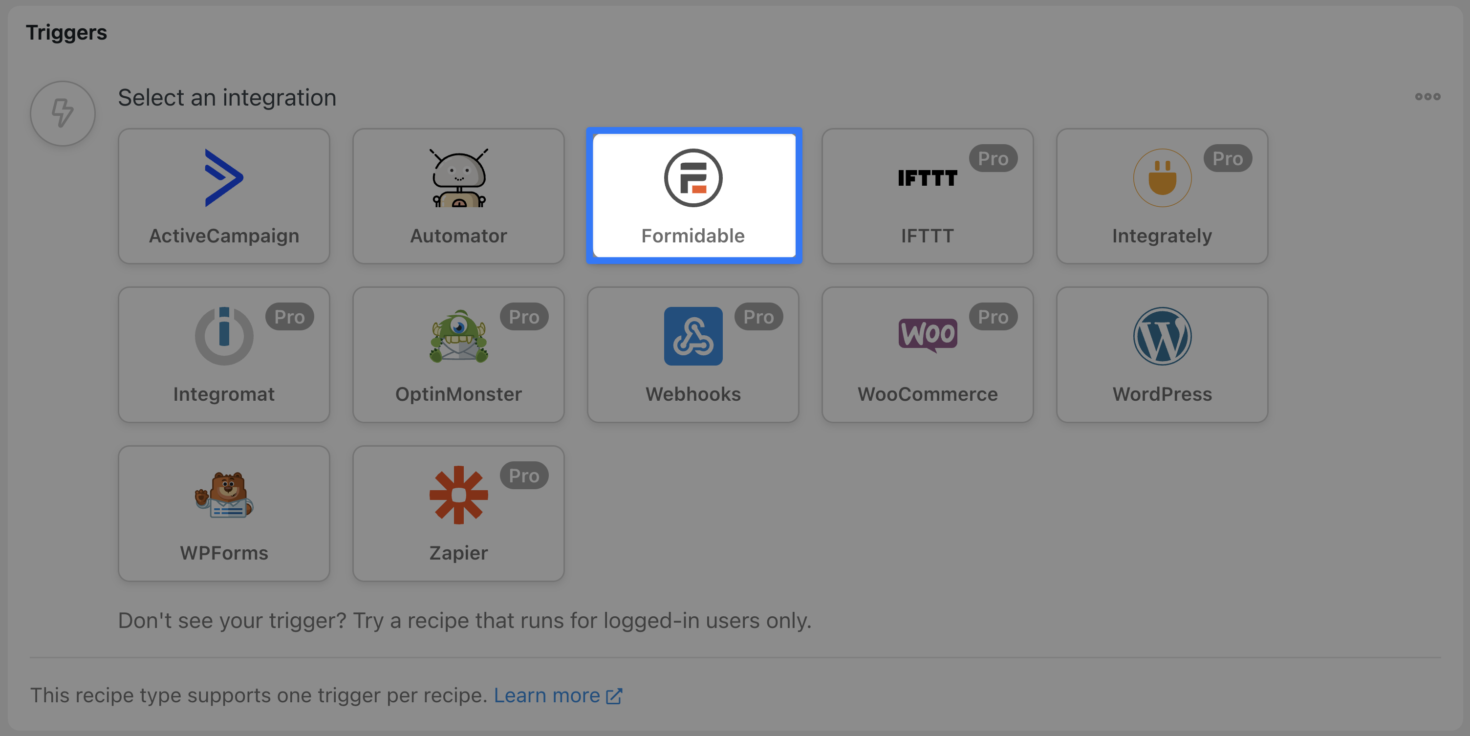 Automator Trigger Selector Window